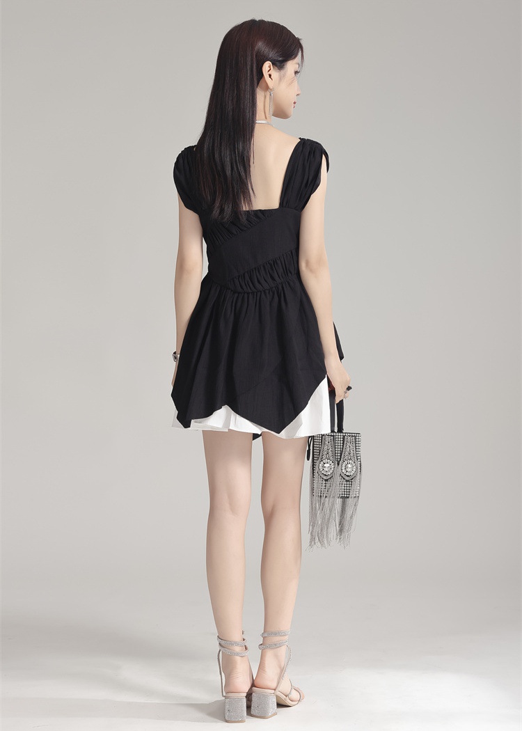 Summer strap A-line T-back irregular fold slim dress