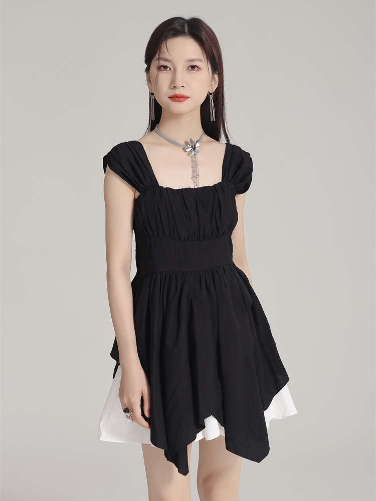 Summer strap A-line T-back irregular fold slim dress