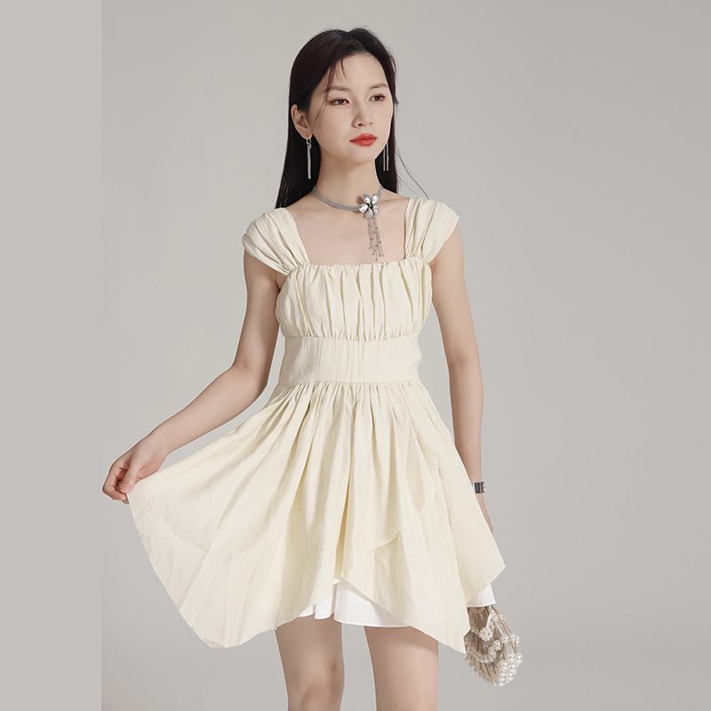 Summer strap A-line T-back irregular fold slim dress