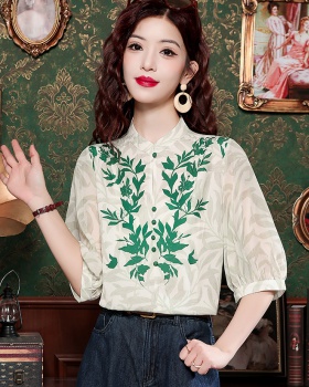 Cstand collar Chinese style chiffon printing tops for women