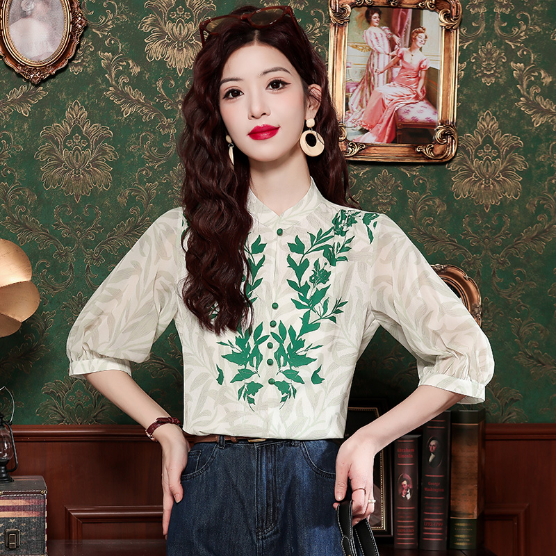 Cstand collar Chinese style chiffon printing tops for women