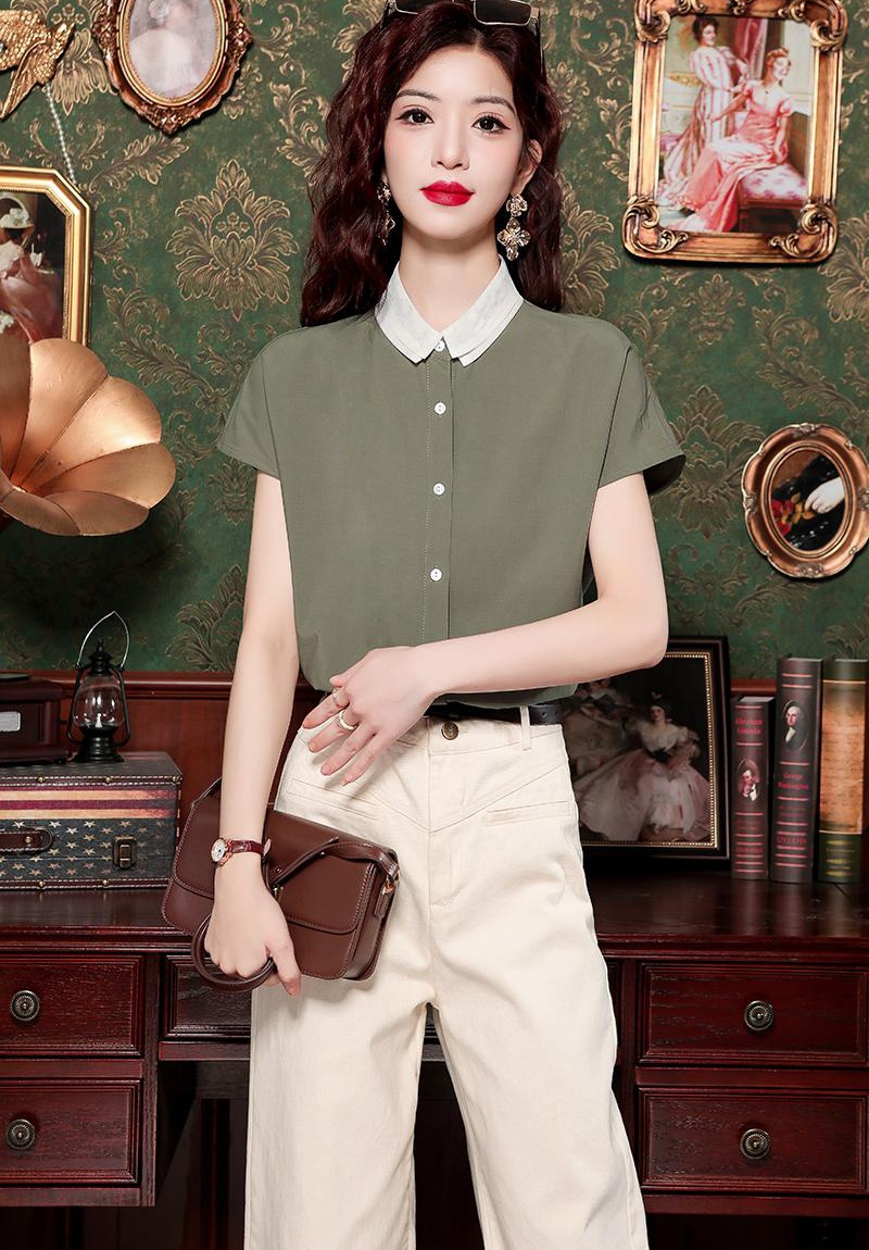 Commuting lapel short sleeve summer thin shirt for women