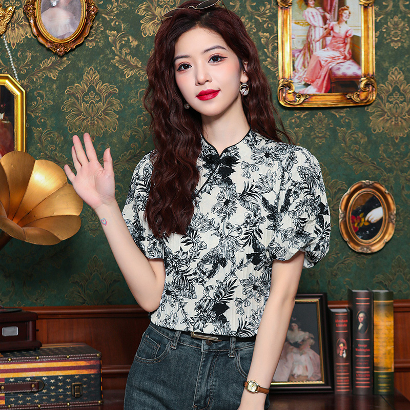 Printing puff sleeve chiffon shirt slim tops for women