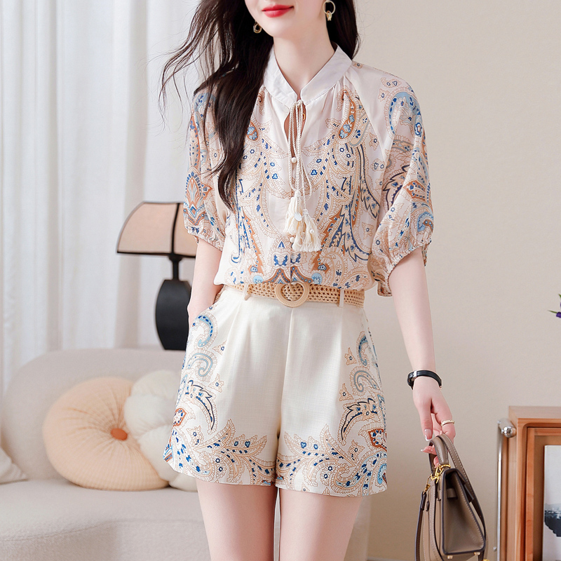 Temperament retro printing shorts 2pcs set for women