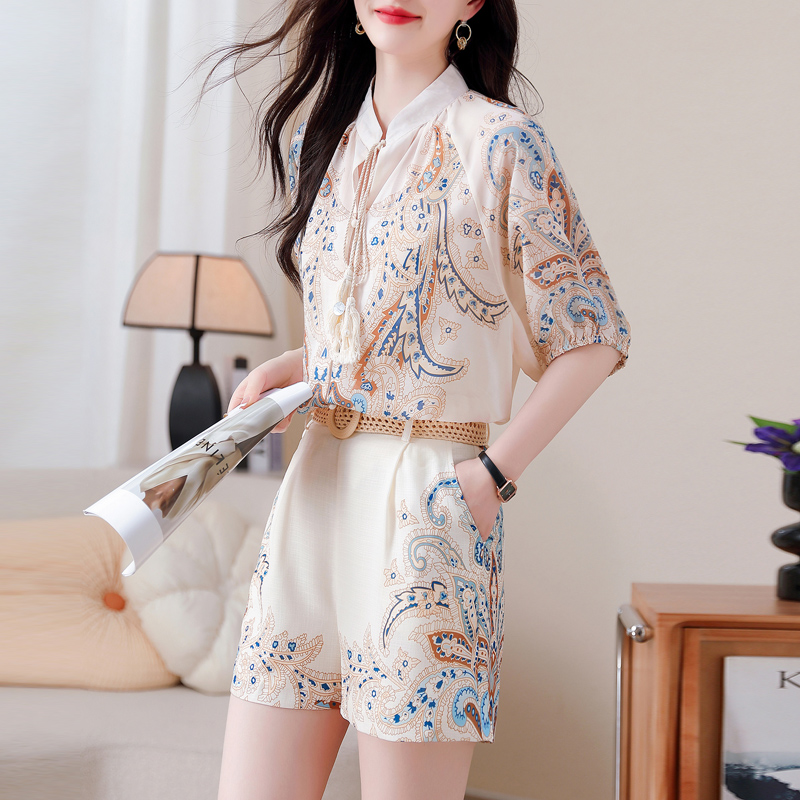 Temperament retro printing shorts 2pcs set for women