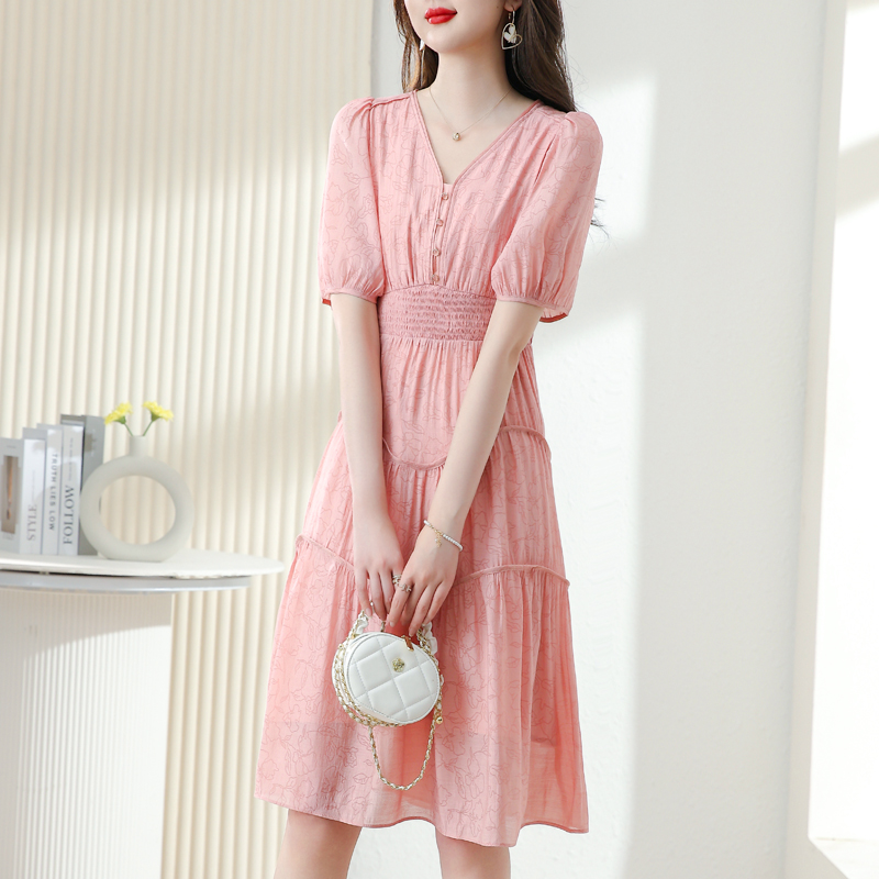 Pink France style long summer Casual temperament dress