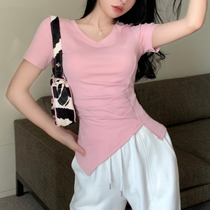 Irregular pure V-neck tops summer slim bottoming shirt