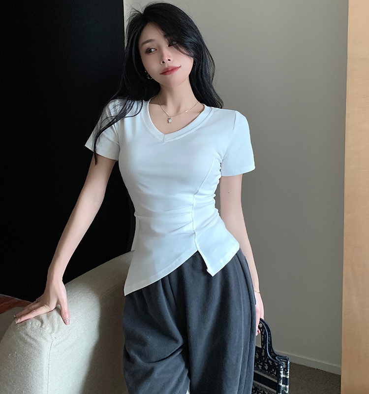 Irregular pure V-neck tops summer slim bottoming shirt