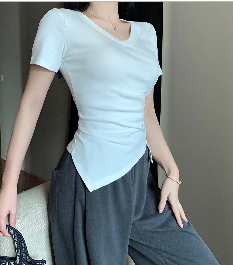 Irregular pure V-neck tops summer slim bottoming shirt