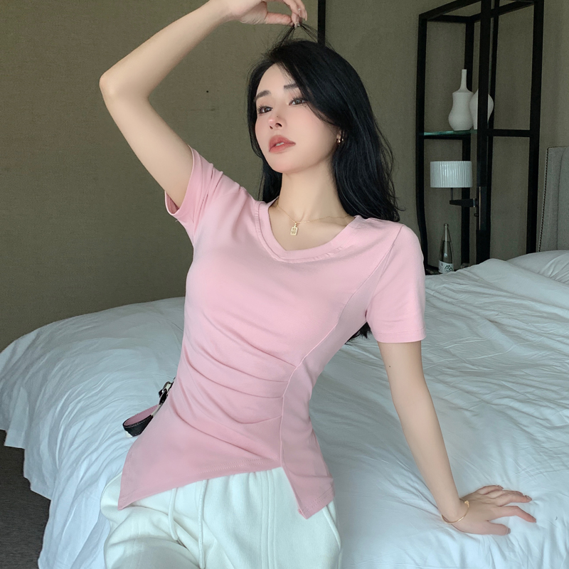 Irregular pure V-neck tops summer slim bottoming shirt