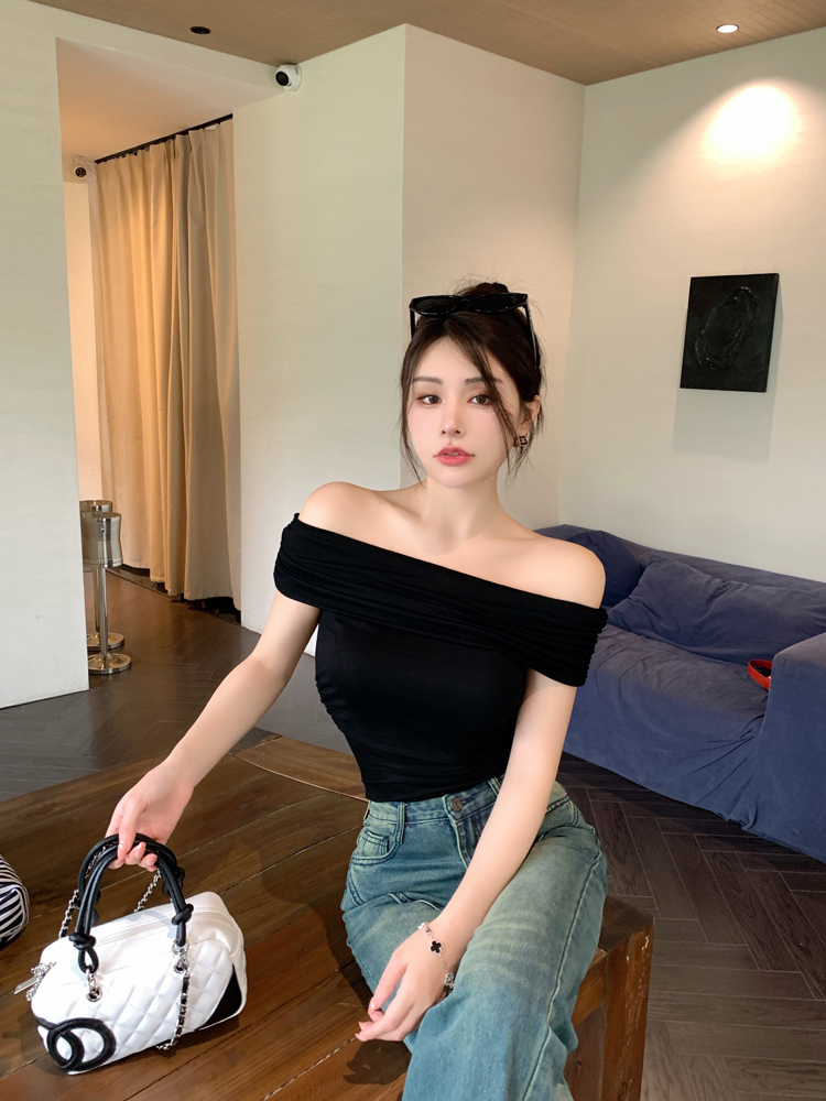 Summer short niche tops slim flat shoulder T-shirt for women