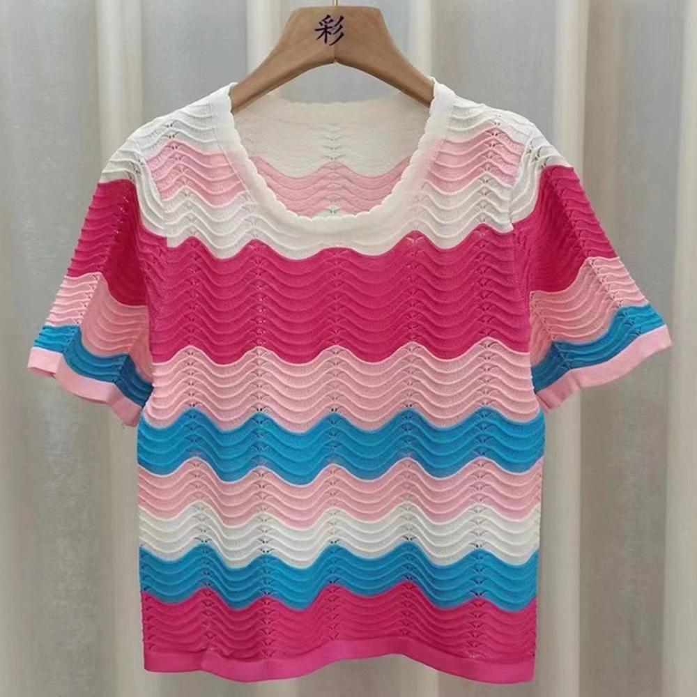 Round neck stripe ice silk T-shirt for women