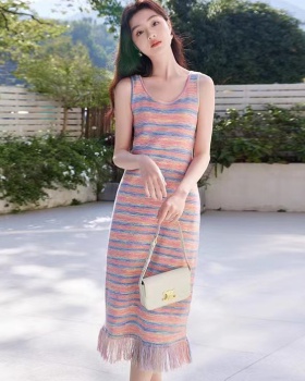 Vacation stripe long dress tassels sleeveless dress for women