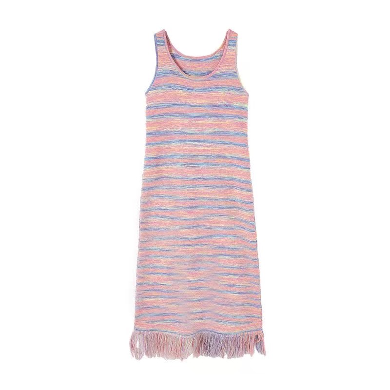 Vacation stripe long dress tassels sleeveless dress for women