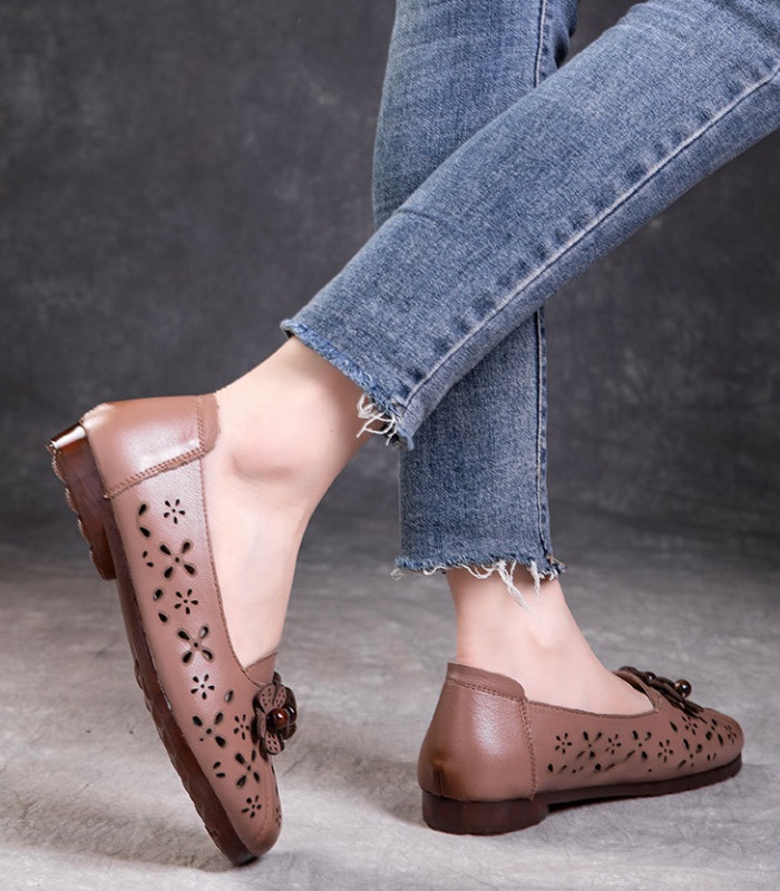 Cozy first layer cowhide low hollow shoes for women