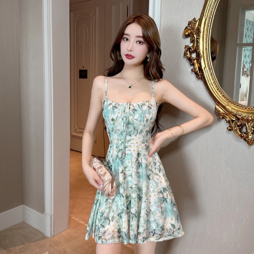 Retro slim floral long dress high waist sling dress