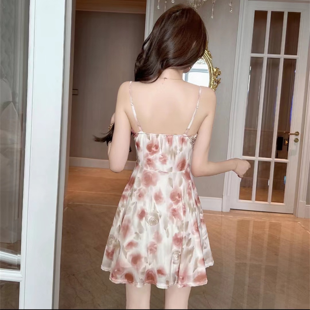 Retro slim floral long dress high waist sling dress