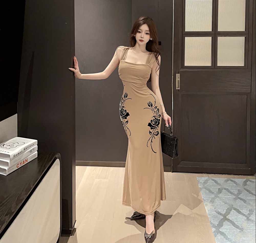 Light flocking package hip gauze rose long dress