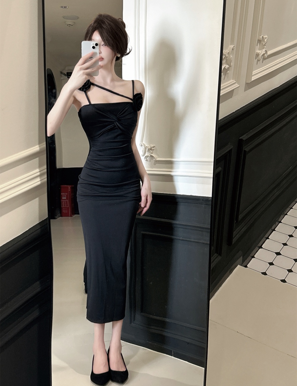 Sling slim long dress after the split retro dress for women