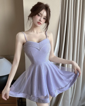 Pinched waist big skirt gauze bottoming double sling dress