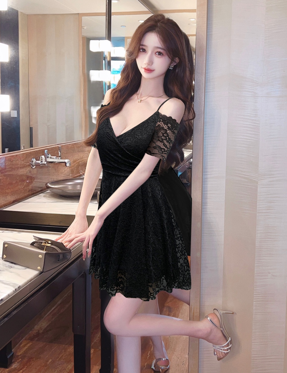 Lace pinched waist big skirt short sleeve V-neck sexy dress