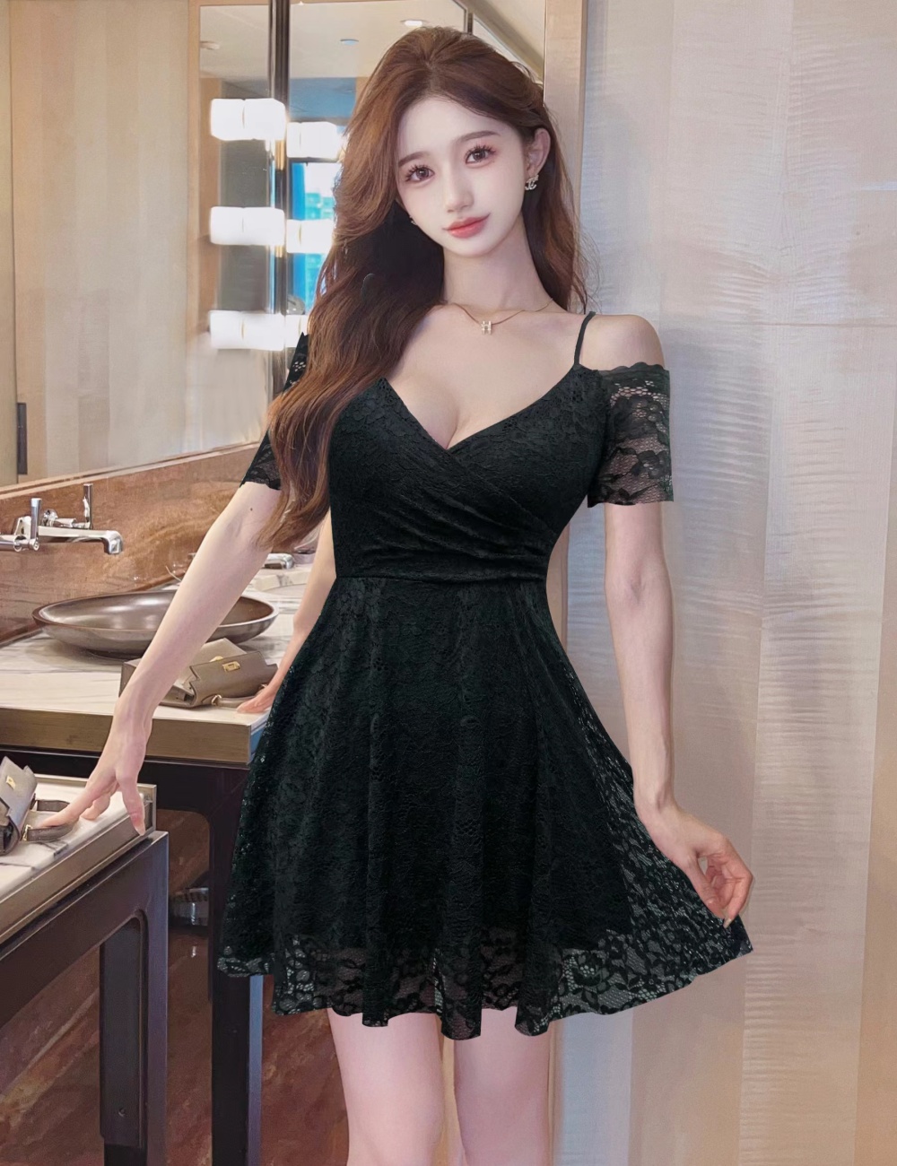 Lace pinched waist big skirt short sleeve V-neck sexy dress