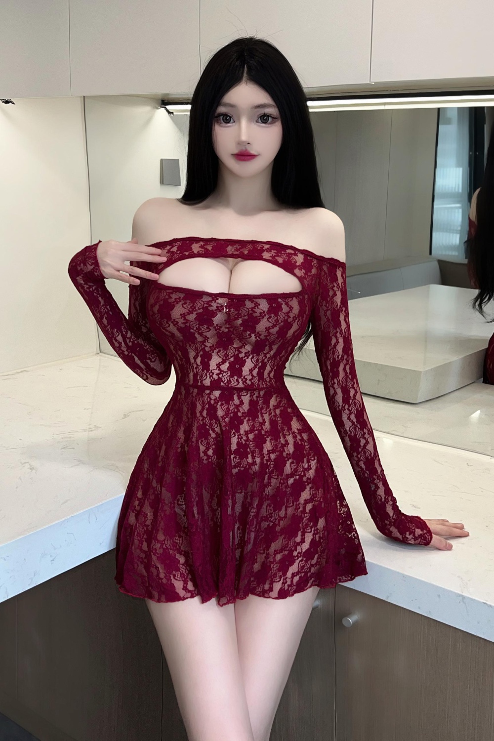 Horizontal collar short sexy lace dress for women