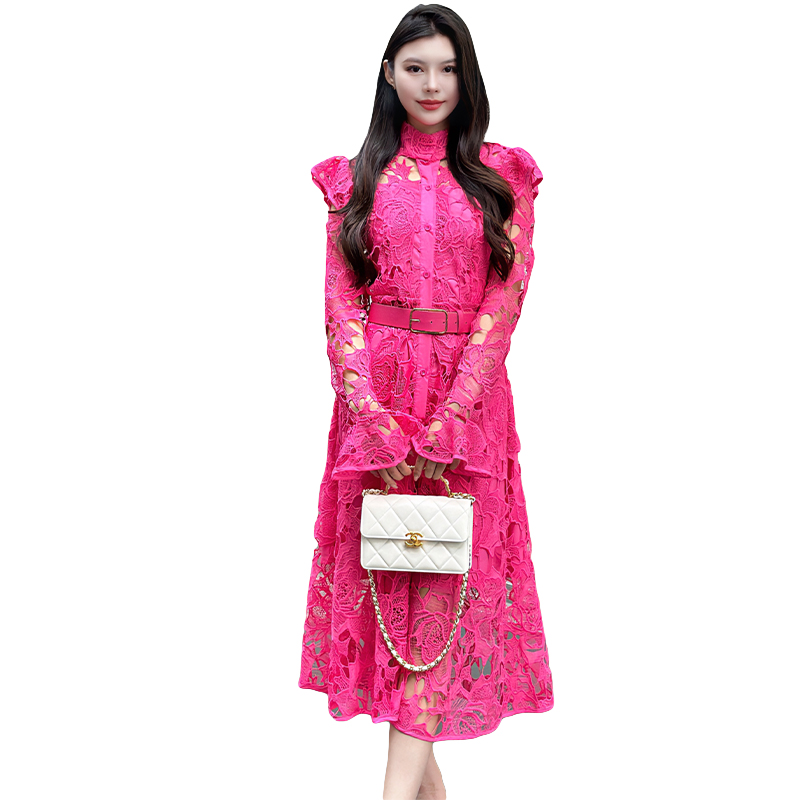 Lotus leaf edges long with belt temperament hollow dress