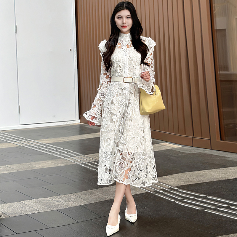 With belt long elegant hollow temperament dress