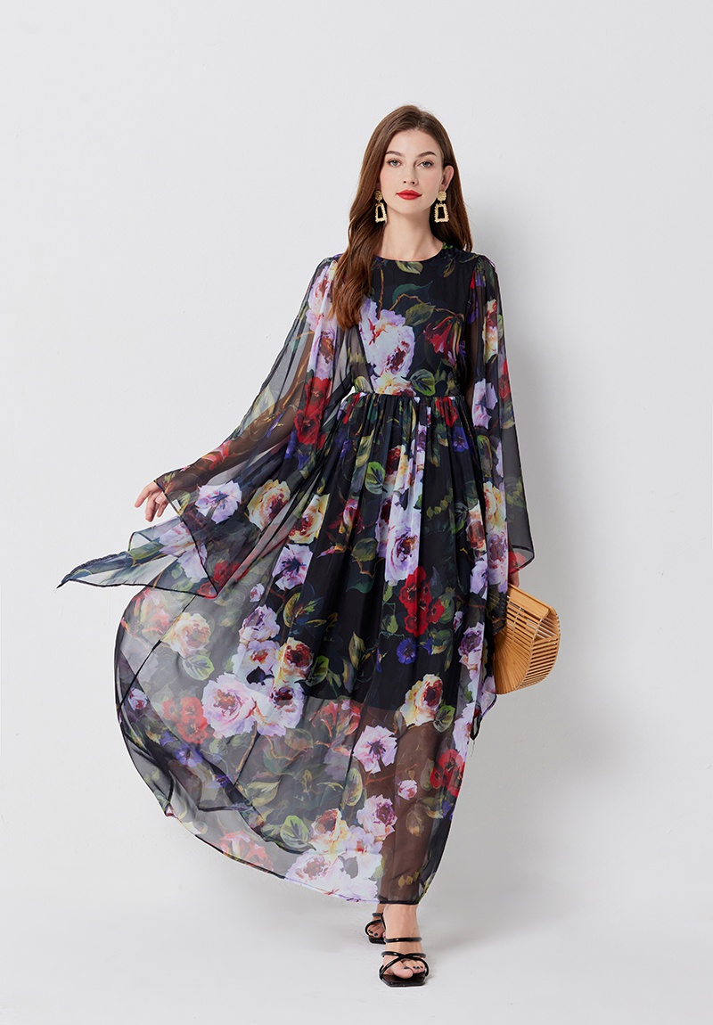 A-line loose court style long dress retro printing dress