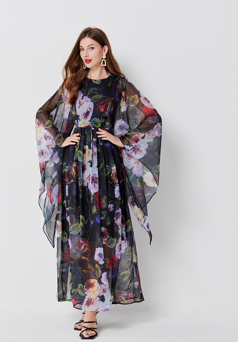 A-line loose court style long dress retro printing dress