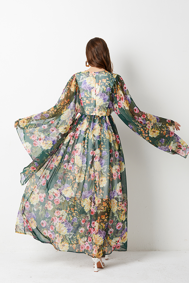 A-line loose court style long dress retro printing dress