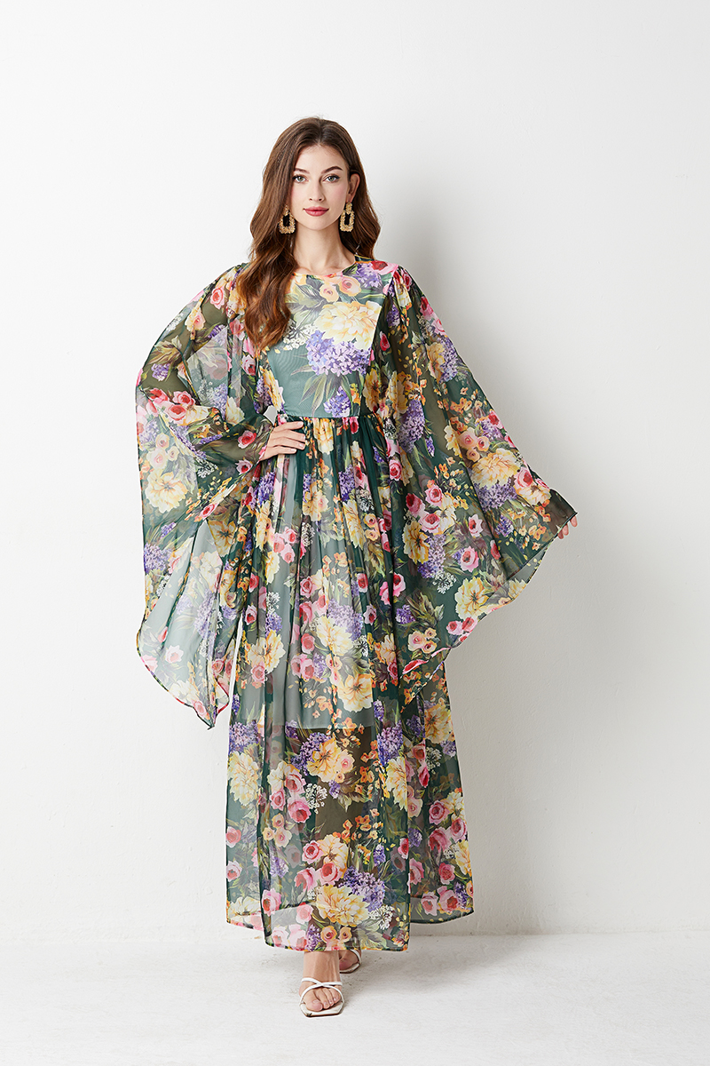 A-line loose court style long dress retro printing dress