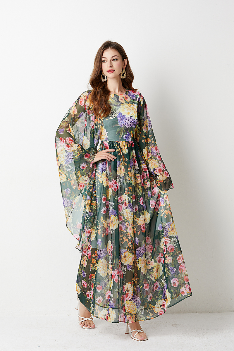 A-line loose court style long dress retro printing dress