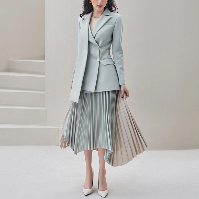 Mixed colors pleated skirt irregular coat a set for women