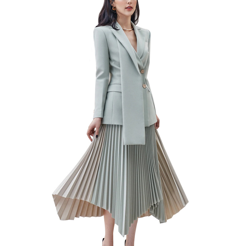 Mixed colors pleated skirt irregular coat a set for women