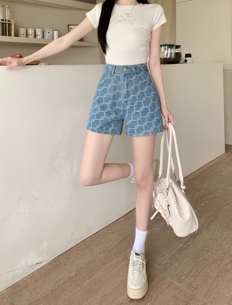 Pattern high waist jacquard shorts A-line summer short jeans