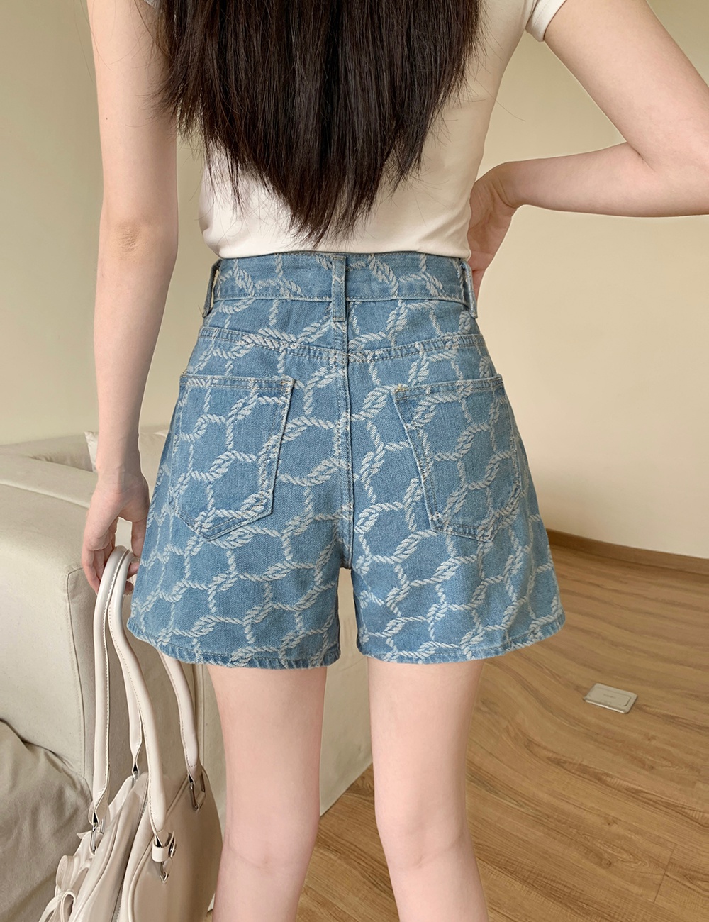 Pattern high waist jacquard shorts A-line summer short jeans