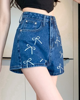 Bow wide leg summer high waist short jeans for women
