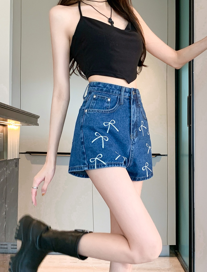 Bow wide leg summer high waist short jeans for women