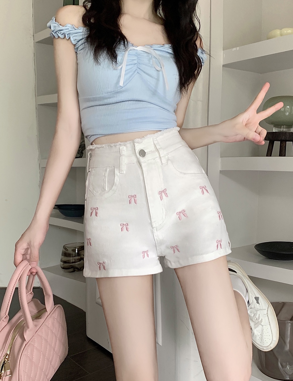 Bow sweet summer shorts slim hip raise short jeans