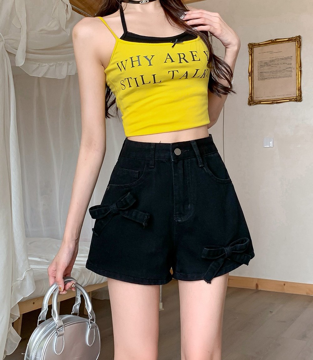 Retro Korean style bow short jeans washed all-match shorts