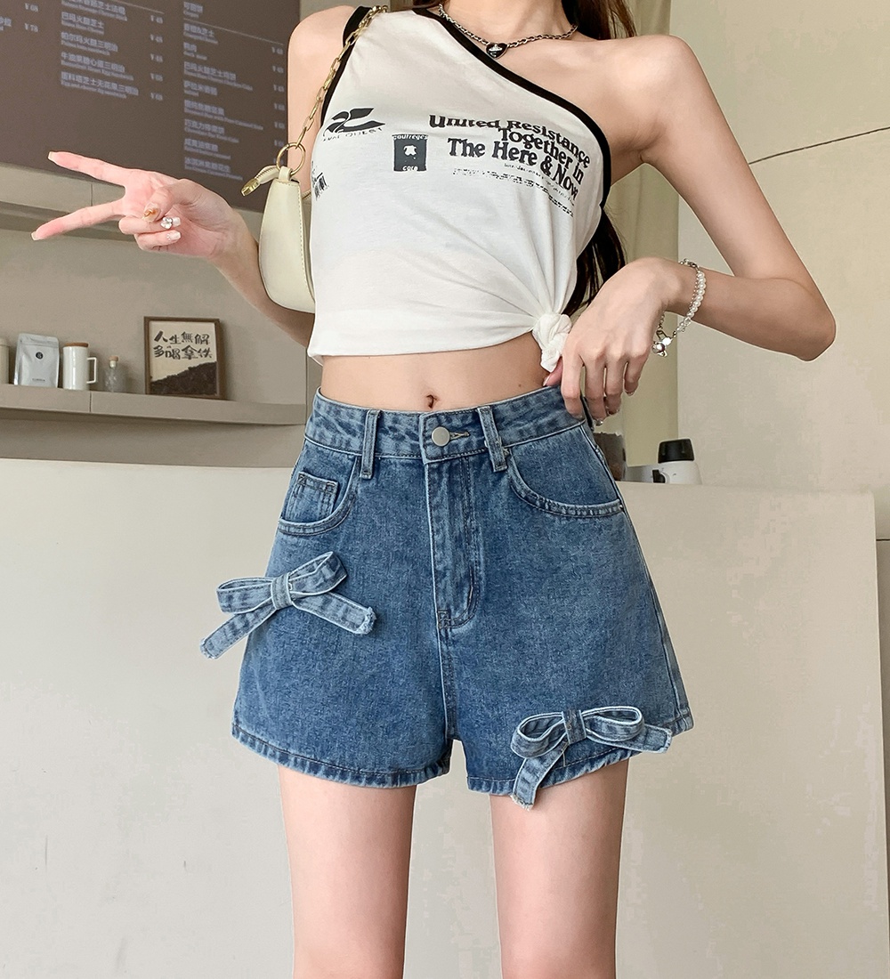 Retro Korean style bow short jeans washed all-match shorts