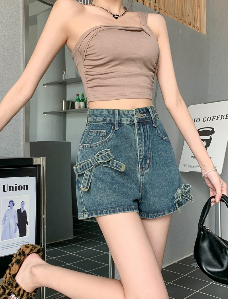 Retro Korean style bow short jeans washed all-match shorts