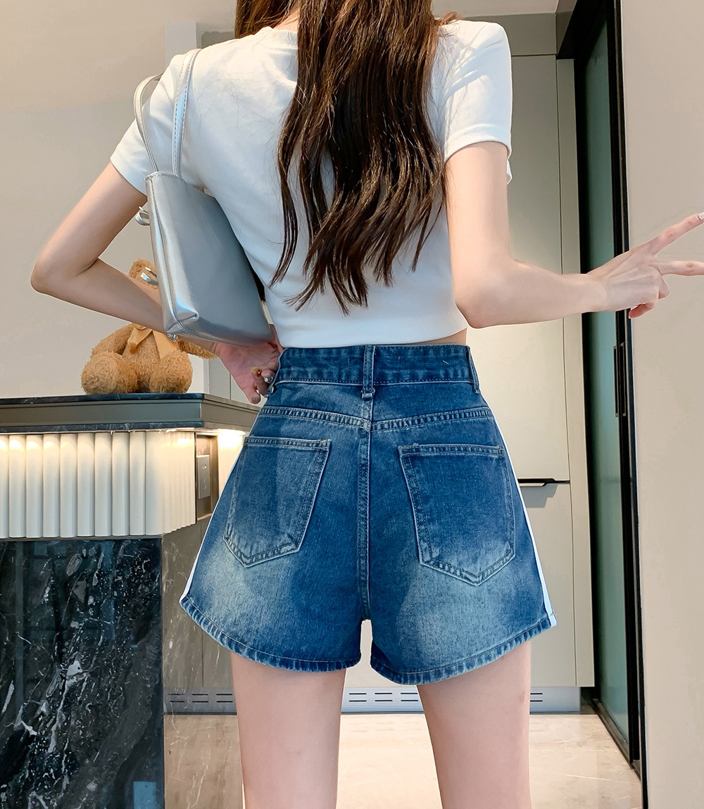 Wide leg slim retro stripe denim loose shorts for women