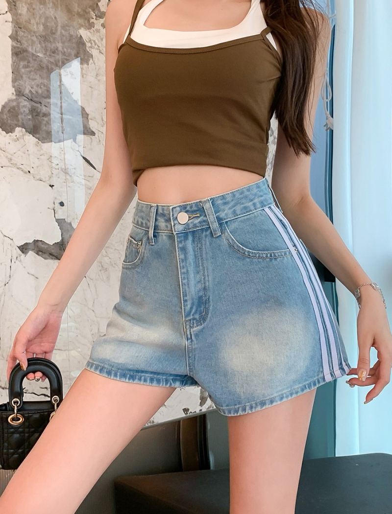 Wide leg slim retro stripe denim loose shorts for women