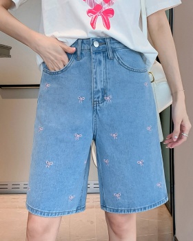 Denim embroidery mixed colors high waist shorts