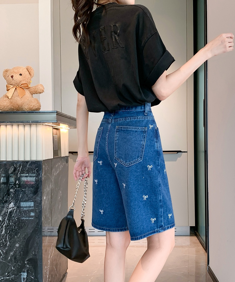 Denim embroidery mixed colors high waist shorts