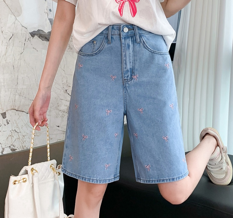 Denim embroidery mixed colors high waist shorts