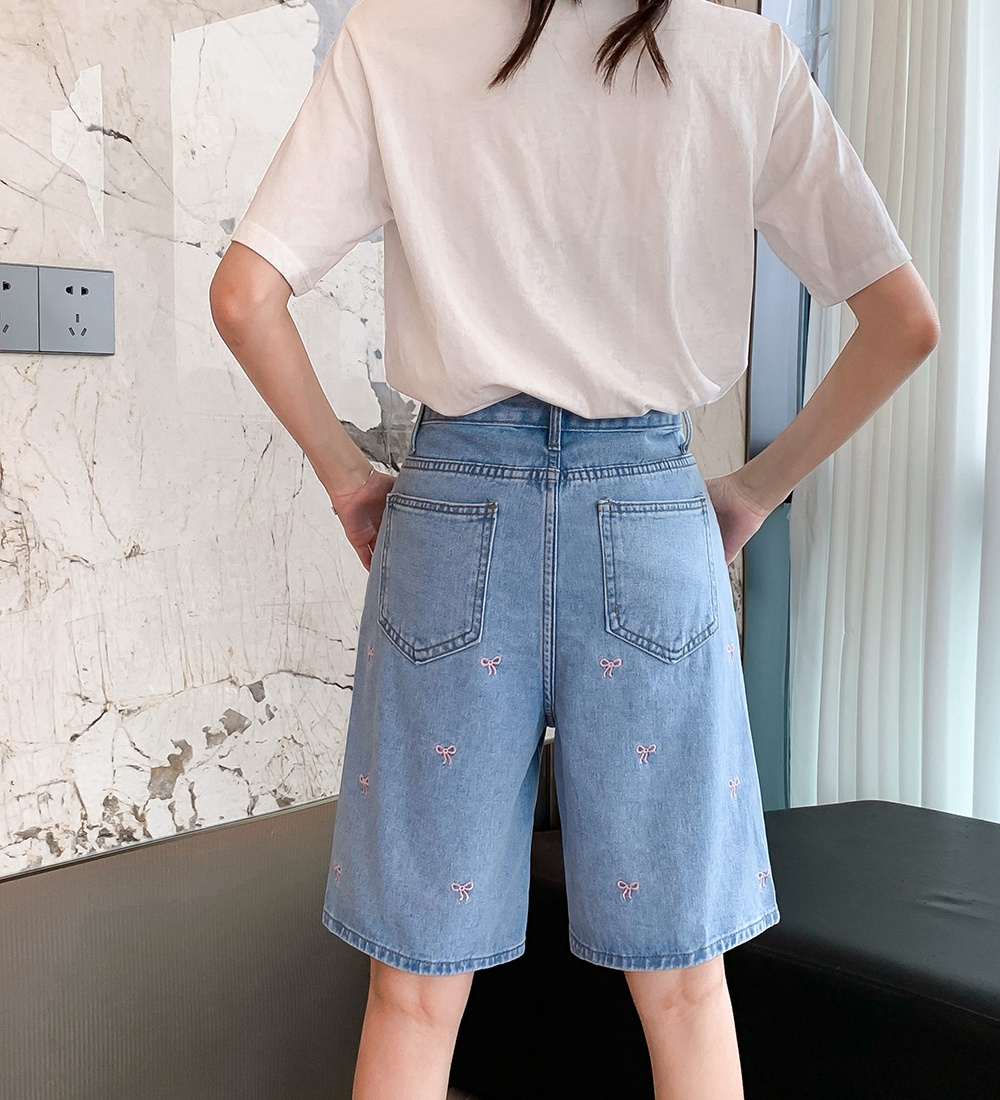 Denim embroidery mixed colors high waist shorts